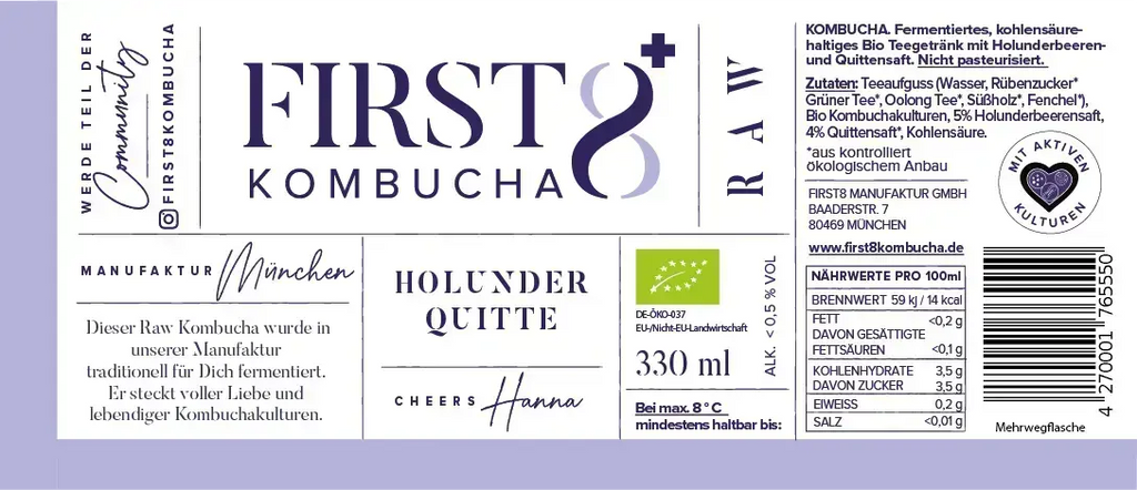Raw Kombucha Holunder Quitte – Etikett