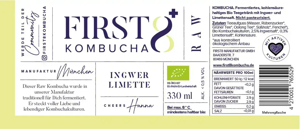 Raw Kombucha Ingwer Limette – Etikett