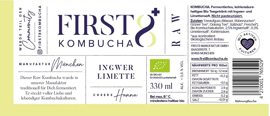 Raw Kombucha Ingwer Limette – Etikett