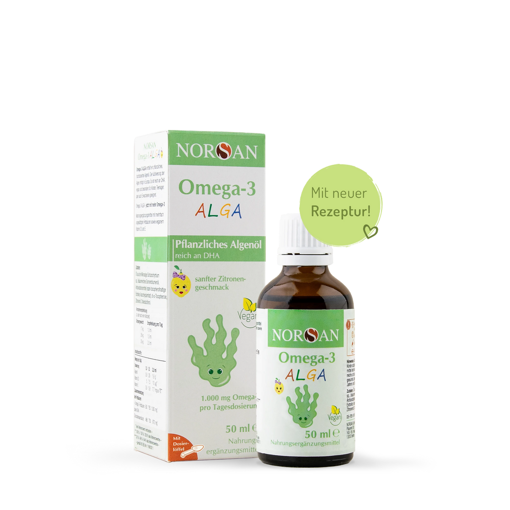 NORSAN Omega-3 ALGA (Omega-3 Öl für Kinder, vegan) – Packshot